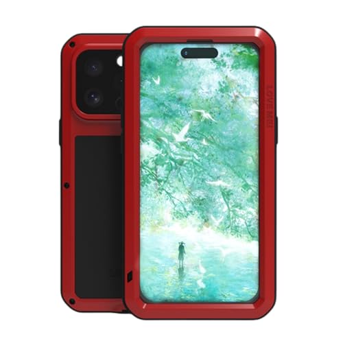 LOVE MEI Metallhülle für iPhone 16 Pro Max (6,9 Zoll), strapazierfähig, Militärqualität, stoßfest, staubdicht, Ganzkörper-Schutzhülle mit eingebautem Displayschutz aus gehärtetem Glas, Rot von LOVE MEI