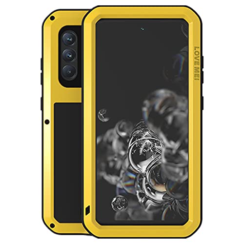 LOVE MEI Samsung Galaxy S21 FE Hülle, Heavy Duty Rüstung Tank Stoßfest Staubdicht Case Hybride Aluminium Metall + Silikon Cover with Gehärtetes Glas für Samsung Galaxy S21 FE 5G (Gelb) von LOVE MEI