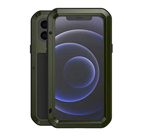 LOVE MEI Schutzhülle für iPhone 12 Mini, robust, vollständiger Schutz, militärische Stoßstange, Aluminium, Metall, staubdicht, stoßfest, mit gehärtetem Glas, Armeegrün von LOVE MEI