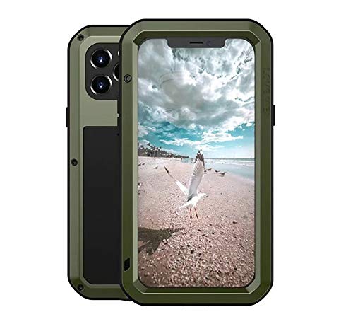 LOVE MEI Schutzhülle für iPhone 12 Pro, strapazierfähig, robust, vollständiger Schutz, militärische Stoßstange, Aluminium, Metall, staubdicht, stoßfest, mit gehärtetem Glas (Armeegrün) von LOVE MEI