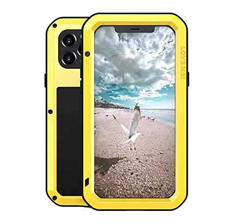 LOVE MEI Schutzhülle für iPhone 12 Pro, strapazierfähig, robust, vollständiger Schutz, militärische Stoßstange, Aluminium, Metall, staubdicht, stoßfest, mit gehärtetem Glas (gelb) von BoHuiTai