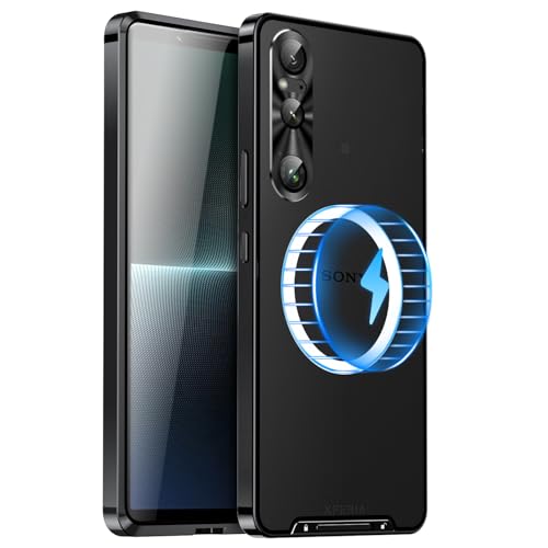 Stoßfeste Hülle Kompatibel mit Sony Xperia 1 VI, Metallrahmen Bumper Case + Matte PC Back Cover [Ultra Dünn] [Kratzfest] mit Objektivschutz Unterstützung Magnetisches kabelloses Ladegerät (Schwarz) von LOVE MEI