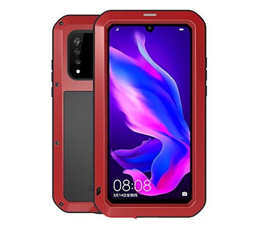 LOVE MEI für Huawei P30 Lite hülle, Outdoor Staubdicht Shock Absorbent Drop Schwere Aluminium Metal Full Body Hülle für Huawei P30 Lite mit gehärtetem Glas (Rot) von LOVE MEI