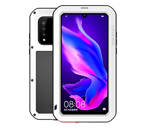 LOVE MEI für Huawei P30 Lite hülle, Outdoor Staubdicht Shock Absorbent Drop Schwere Aluminium Metal Full Body Hülle für Huawei P30 Lite mit gehärtetem Glas (Weiß) von LOVE MEI