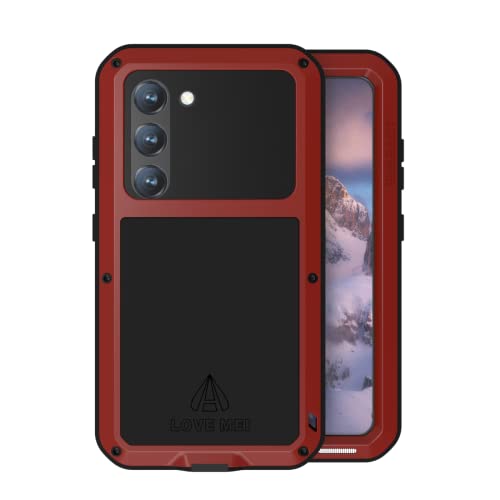 LOVE MEI für Samsung Galaxy S23 Hülle, Outdoor-Sportarten Heavy Duty Ganzkörper Schutzhülle Anti-Drop Stoßfest Staubdicht Metall Cover mit Eingebautem Displayschutz für Galaxy S23 (Rot) von LOVE MEI