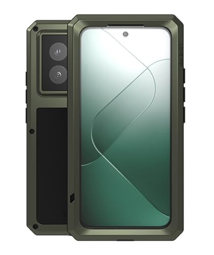 LOVE MEI für Xiaomi 14 Pro Metall Hülle, Outdoor Heavy Duty Stoßfest Staubdicht Hybrid Aluminium Metall Militär Grad Bumper Schutzhülle Hülle mit gehärtetem Glas für Xiaomi 14 Pro (Grün) von LOVE MEI