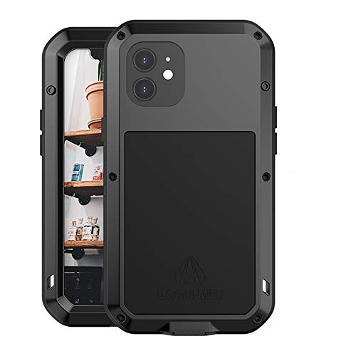 Love MEI für iPhone 12 Hülle, 360 Grad Outdoor Schutzhülle Heavy Duty Hybride Aluminium Metall Stoßfest Wasserdicht Staubdicht Case mit Eingebautem Displayschutz für iPhone 12 (6.1inch) (Schwarz) von YEON