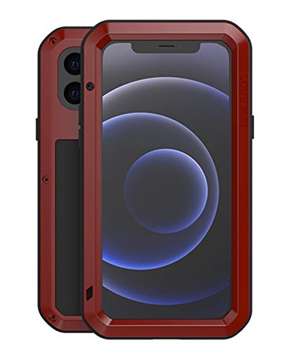 LOVE MEI für iPhone 12 Mini Hülle, Heavy Duty Stoßfest Staubdicht Hybrid Tough Armor Aluminium Metall Militär Bumper Ganzkörper Schutzhülle Hülle mit gehärtetem Glas für iPhone 12 Mini (Rot) von LOVE MEI