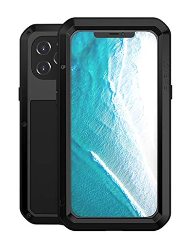 LOVE MEI für iPhone 12 Pro Max Hülle, Heavy Duty Stoßfest Staubdicht Hybrid Tough Armor Aluminium Metall Militär Bumper Ganzkörper Schutzhülle Hülle mit gehärtetem Glas für iPhone 12 Pro Max (Schwarz) von LOVE MEI