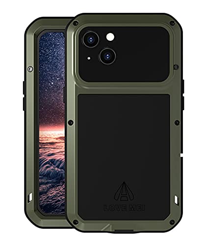LOVE MEI für iPhone 13 Hülle, Outdoor Heavy Duty Stoßfest Staubdicht Hybrid Aluminium Metall Militär Grad Bumper Schutzhülle Hülle mit gehärtetem Glas für iPhone 13 6,1 Zoll (Grün) von LOVE MEI