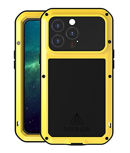 LOVE MEI für iPhone 13 Pro Hülle, Outdoor Heavy Duty Stoßfest Staubdicht Hybrid Aluminium Metall Militär Grad Bumper Schutzhülle Hülle mit gehärtetem Glas für iPhone 13 Pro 6,1 Zoll (Gelb) von LOVE MEI