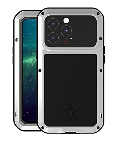 LOVE MEI für iPhone 13 Pro Hülle, Outdoor Heavy Duty Stoßfest Staubdicht Hybrid Aluminium Metall Militär Grad Bumper Schutzhülle Hülle mit gehärtetem Glas für iPhone 13 Pro 6,1 Zoll (Silber) von LOVE MEI