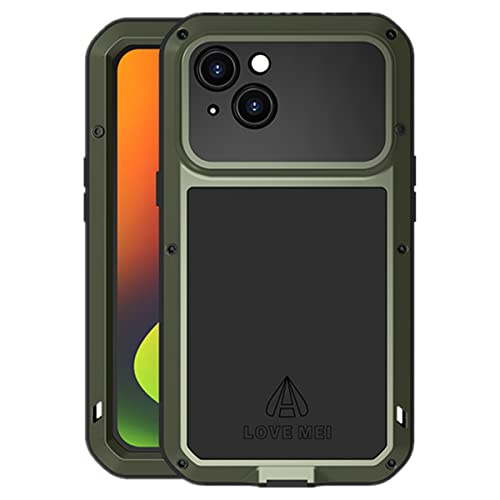 LOVE MEI für iPhone 14 Hülle, Heavy Duty Rüstung Tank Militär Stoßfest Staubdicht Case Hybride Aluminium Metall + Silikon Schutzhülle Cover with Gehärtetes Glas für iPhone 14 (Grün) von LOVE MEI