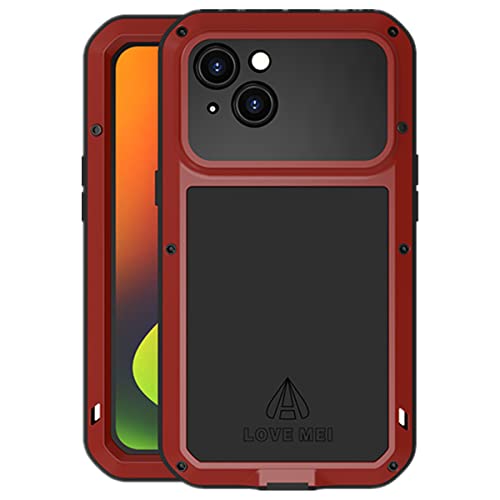 LOVE MEI für iPhone 14 Hülle, Heavy Duty Rüstung Tank Militär Stoßfest Staubdicht Case Hybride Aluminium Metall + Silikon Schutzhülle Cover with Gehärtetes Glas für iPhone 14 (Rot) von LOVE MEI