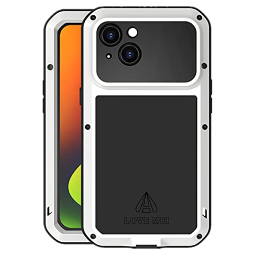 LOVE MEI für iPhone 14 Hülle, Heavy Duty Rüstung Tank Militär Stoßfest Staubdicht Case Hybride Aluminium Metall + Silikon Schutzhülle Cover with Gehärtetes Glas für iPhone 14 (Weiß) von LOVE MEI