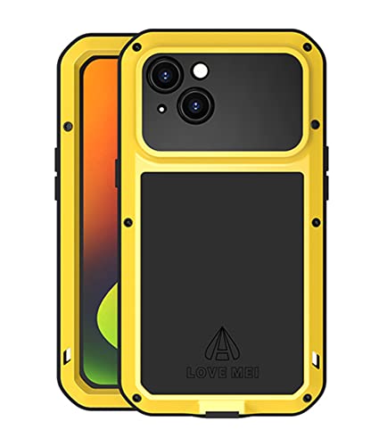 LOVE MEI für iPhone 14 Hülle, Outdoor Heavy Duty Stoßfest Staubdicht Hybrid Aluminium Metall Militär Grad Bumper Armor Schutzhülle Hülle mit gehärtetem Glas für iPhone 14 (6.1 Zoll) (Gelb) von LOVE MEI