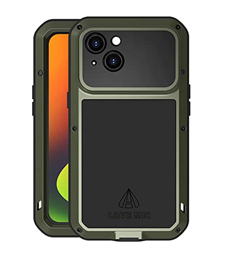 LOVE MEI für iPhone 14 Hülle, Outdoor Heavy Duty Stoßfest Staubdicht Hybrid Aluminium Metall Militär Grad Bumper Armor Schutzhülle Hülle mit gehärtetem Glas für iPhone 14 (6.1 Zoll) (Grün) von LOVE MEI
