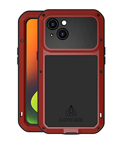 LOVE MEI für iPhone 14 Hülle, Outdoor Heavy Duty Stoßfest Staubdicht Hybrid Aluminium Metall Militär Grad Bumper Armor Schutzhülle Hülle mit gehärtetem Glas für iPhone 14 (6.1 Zoll) (Rot) von LOVE MEI