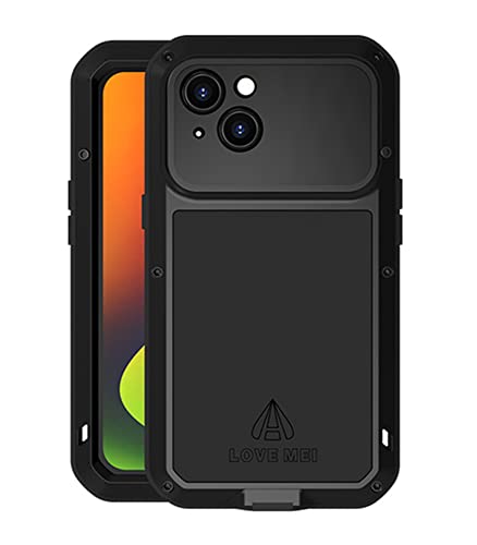 LOVE MEI für iPhone 14 Hülle, Outdoor Heavy Duty Stoßfest Staubdicht Hybrid Aluminium Metall Militär Grad Bumper Armor Schutzhülle Hülle mit gehärtetem Glas für iPhone 14 (6.1 Zoll) (Schwarz) von LOVE MEI