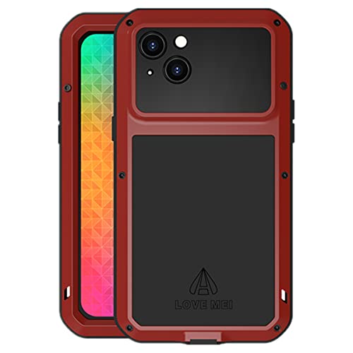 LOVE MEI für iPhone 14 Plus Hülle, Heavy Duty Rüstung Tank Militär Stoßfest Staubdicht Case Hybride Aluminium Metall + Silikon Schutzhülle Cover with Gehärtetes Glas für iPhone 14 Plus (Rot) von LOVE MEI
