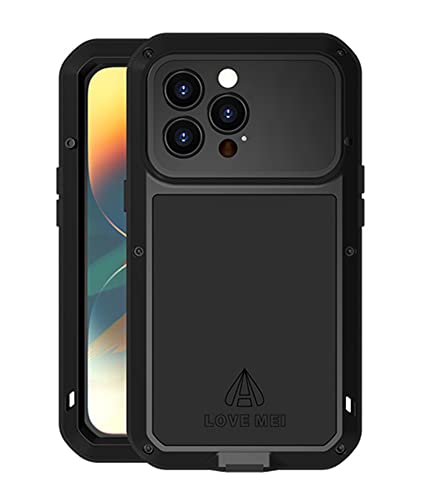 LOVE MEI für iPhone 14 Pro Hülle, Outdoor Heavy Duty Stoßfest Staubdicht Hybrid Aluminium Metall Militär Grad Bumper Armor Schutzhülle Hülle mit gehärtetem Glas für iPhone 14 Pro 6.1 Zoll (Schwarz) von LOVE MEI