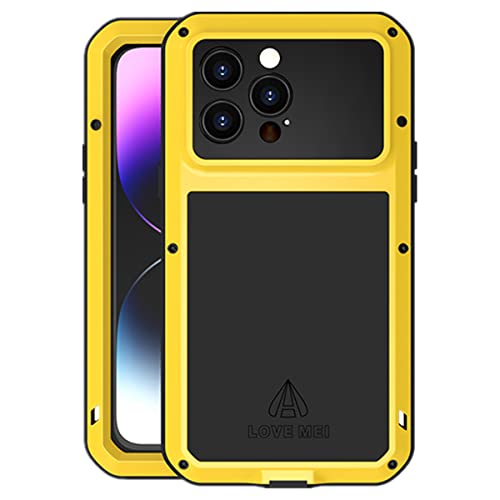 LOVE MEI für iPhone 14 Pro Max Hülle, Heavy Duty Rüstung Tank Militär Stoßfest Staubdicht Case Hybride Aluminium Metall + Silikon Schutzhülle Cover with Gehärtetes Glas für iPhone 14 Pro Max (Gelb) von LOVE MEI