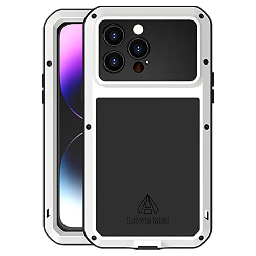 LOVE MEI für iPhone 14 Pro Max Hülle, Heavy Duty Rüstung Tank Militär Stoßfest Staubdicht Case Hybride Aluminium Metall + Silikon Schutzhülle Cover with Gehärtetes Glas für iPhone 14 Pro Max (Weiß) von LOVE MEI