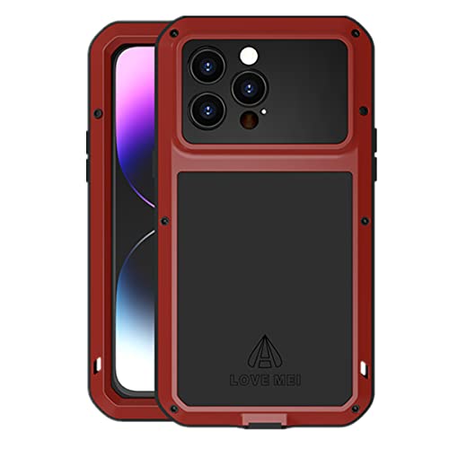 LOVE MEI für iPhone 14 Pro Max Hülle, Heavy Duty Rüstung Tank Militär Stoßfest Staubdicht Case Hybride Aluminium Metall + Silikon Schutzhülle Cover with Gehärtetes Glas für iPhone 14 Pro Max (Rot) von LOVE MEI