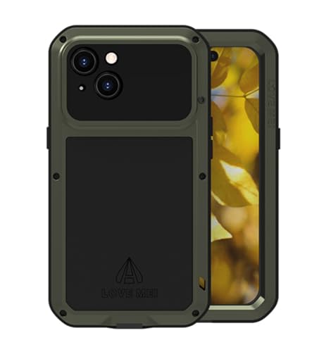 LOVE MEI für iPhone 15 Metall Hülle, Outdoor Heavy Duty Stoßfest Staubdicht Hybrid Aluminium Metall Militär Grad Bumper Schutzhülle Hülle mit gehärtetem Glas für iPhone 15 (Grün) von LOVE MEI