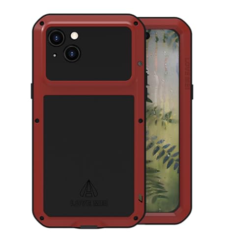 LOVE MEI für iPhone 15 Plus Metall Hülle, Outdoor Heavy Duty Stoßfest Staubdicht Hybrid Aluminium Metall Militär Grad Bumper Schutzhülle Hülle mit gehärtetem Glas für iPhone 15 Plus (Rot) von LOVE MEI