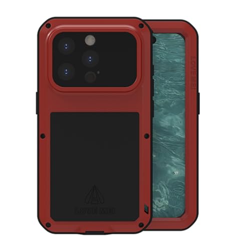 LOVE MEI für iPhone 15 Pro Metall Hülle, Outdoor Heavy Duty Stoßfest Staubdicht Hybrid Aluminium Metall Militär Grad Bumper Schutzhülle Hülle mit gehärtetem Glas für iPhone 15 Pro (Rot) von LOVE MEI