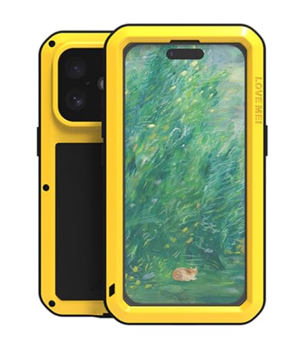 LOVE MEI für iPhone 16 Metall Hülle, Outdoor Heavy Duty Stoßfest Staubdicht Hybrid Aluminium Metall Militär Grad Bumper Schutzhülle Hülle mit gehärtetem Glas für iPhone 16 (Gelb) von LOVE MEI