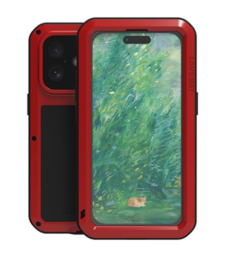 LOVE MEI für iPhone 16 Metall Hülle, Outdoor Heavy Duty Stoßfest Staubdicht Hybrid Aluminium Metall Militär Grad Bumper Schutzhülle Hülle mit gehärtetem Glas für iPhone 16 (Rot) von LOVE MEI