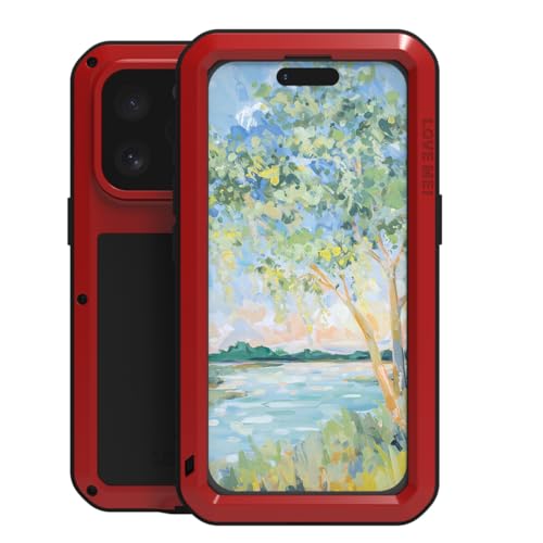 LOVE MEI für iPhone 16 Pro Hülle, Heavy Duty Rüstung Tank Militär Stoßfest Staubdicht Case Hybride Aluminium Metall + Silikon Schutzhülle Cover with Gehärtetes Glas für iPhone 16 Pro (Rot) von LOVE MEI