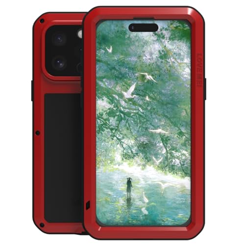 LOVE MEI für iPhone 16 Pro Max Hülle, Heavy Duty Rüstung Tank Militär Stoßfest Staubdicht Case Hybride Aluminium Metall + Silikon Schutzhülle Cover with Gehärtetes Glas (Rot) von LOVE MEI