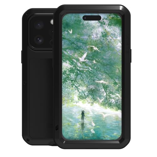 LOVE MEI für iPhone 16 Pro Max Hülle, Heavy Duty Rüstung Tank Militär Stoßfest Staubdicht Case Hybride Aluminium Metall + Silikon Schutzhülle Cover with Gehärtetes Glas (Schwarz) von LOVE MEI