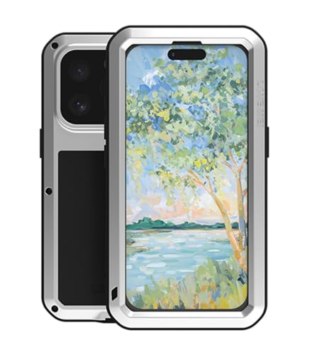 LOVE MEI für iPhone 16 Pro Metall Hülle, Outdoor Heavy Duty Stoßfest Staubdicht Hybrid Aluminium Metall Militär Grad Bumper Schutzhülle Hülle mit gehärtetem Glas für iPhone 16 Pro (Silber) von LOVE MEI
