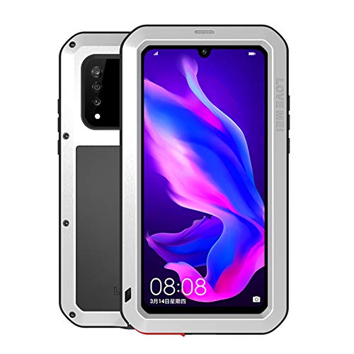 Love MEI für Huawei P30 Lite Hülle, Heavy Duty Rüstung Tank Stoßfest Staubdicht Case Hybride Aluminium Metall + Silikon Cover with Gehärtetes Glas für Huawei P30 Lite (Silber) von LOVE MEI