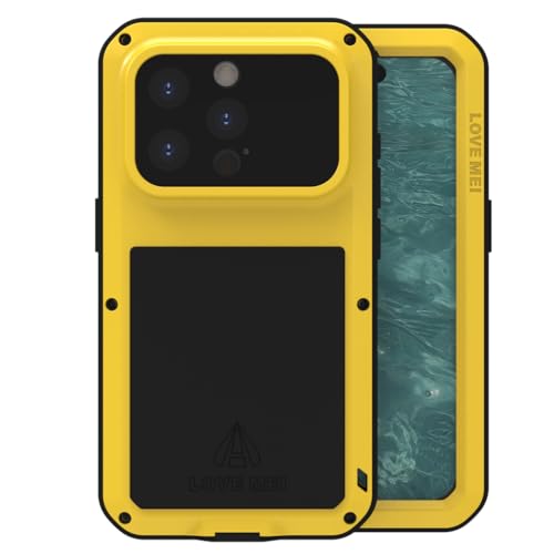 Love MEI für iPhone 15 Pro Hülle, Heavy Duty Rüstung Tank Militär Stoßfest Staubdicht Case Hybride Aluminium Metall + Silikon Schutzhülle Cover with Gehärtetes Glas für iPhone 15 Pro (Gelb) von LOVE MEI