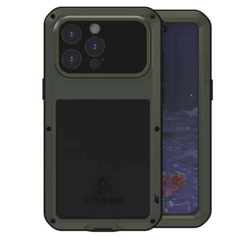 Love MEI für iPhone 15 Pro Max Hülle, Heavy Duty Rüstung Tank Militär Stoßfest Staubdicht Case Hybride Aluminium Metall + Silikon Schutzhülle Cover with Gehärtetes Glas für iPhone 15 Pro Max (Grün) von LOVE MEI