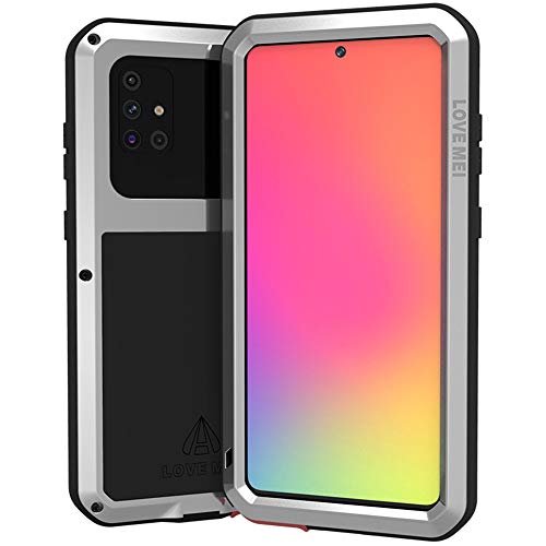 Samsung Galaxy A71 Metall hülle, Powerful Hybrid Schutz stoßfest wasserdicht staubdicht Metal Case Cover Fall Schutzhülle,mit Eingebautem Gehärtetem Glas Displayschutzfolie (A71, Silber) von LOVE MEI