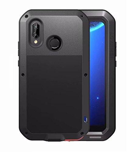 Schwerer 360 Grad Schutz wasserdichter Schneeschutz Stoßfest Hybrid Aluminium Silikon Metallisch Rüstung Stoßstange mit Gorilla Glas Bildschirm Film für Huawei P20 Lite/Nova 3E (Schwarz) von LOVE MEI