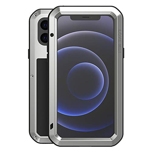 iPhone 12 Mini Metall hülle(5.4''), Powerful Hybrid Schutz stoßfest wasserdicht staubdicht Metal Case Cover Fall Schutzhülle,mit Eingebautem Gehärtetem Glas Displayschutzfolie (12 Mini-5.4'', Silber) von LOVE MEI