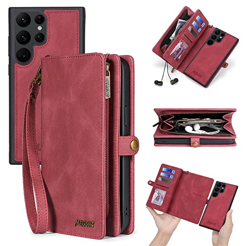 Handyhülle für Samsung Galaxy S23 Ultra/S23 Plus/S23, 【2in1 Abnehmbarer Geldbeutel, Mutil-Funktion】 Reißverschluss Magnet Hülle PU Leder Etui Flip Cover mit Trageband,Red,S23 Ultra von LOXO CASE