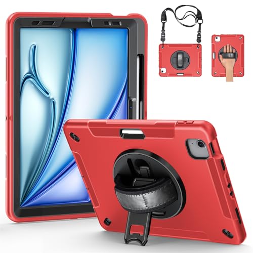 Hülle für 2024 iPad Air 11 Zoll (M2, 6. Generation), 3-lagige, Stoßfeste, Robuste Hybrid-Schutzhülle mit 360° Drehbarem Ständer – Handschlaufe – Schultergurt – Stifthalter,Red von LOXO CASE