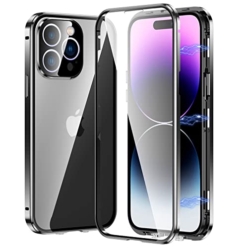 Hülle für iPhone 14/14 Plus/14 Pro /14 Pro Max, Metallrahmen 360 Grad Handyhülle Gehärtetes Glas Aluminium Rahmen Magnet Transparent Case mit Kameraschutz,Black,iPhone14 Pro von LOXO CASE