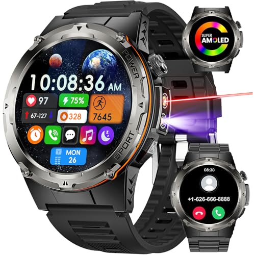 LOYEWAIER Smartwatch Militär Herren LED Taschenlampe AMOLED Bluetooth-Anruf Sportuhr Extra große Batterie Blutdruck Fitness Tracker IP68 wasserdichte Smartwatches für Android iOS (C-Schwarz Rund) von LOYEWAIER