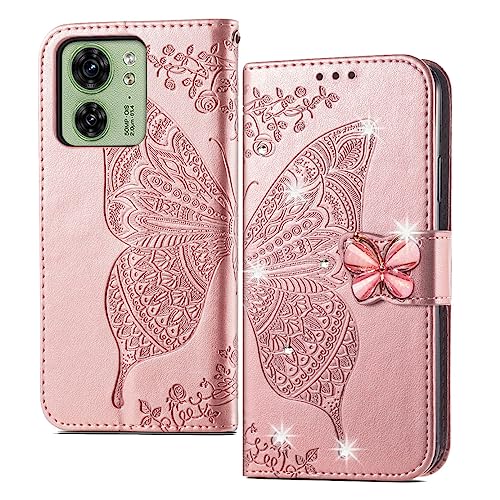 LOYWIN Handyhülle für Motorola Edge 40 Leder Tasche Hülle [Bling Diamant Schmetterling] mit Kartenfach Stehen Weiche TPU Silikon Schutz Klapphülle für Motorola Edge 40, Rosegold von LOYWIN