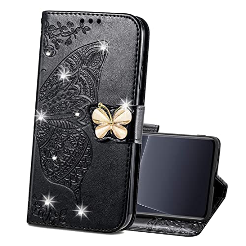 LOYWIN Handyhülle für Xiaomi 13 Pro, Leder Tasche Hülle [Bling Diamant Schmetterling] mit Kartenfach Stehen Weiche TPU Silikon Schutz Klapphülle für Xiaomi 13 Pro, Schwarz von LOYWIN