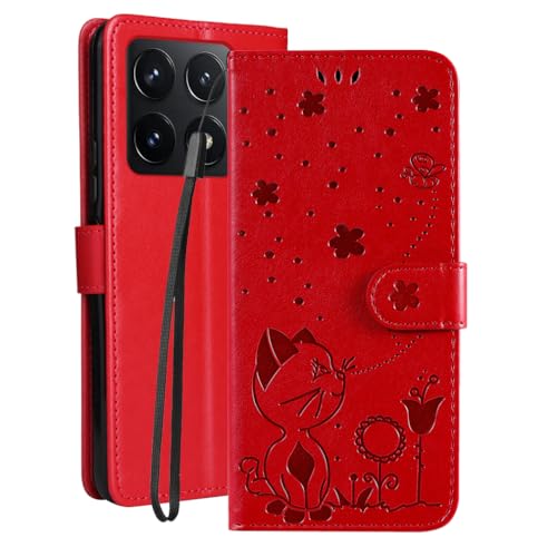 LOYWIN Handyhülle für Xiaomi 14T Leder Tasche für Xiaomi 14T Klapphülle mit Kartensteckplatz Beutel Weich Silikon Schale Case Schutz Hülle für Xiaomi 14T, Rot von LOYWIN